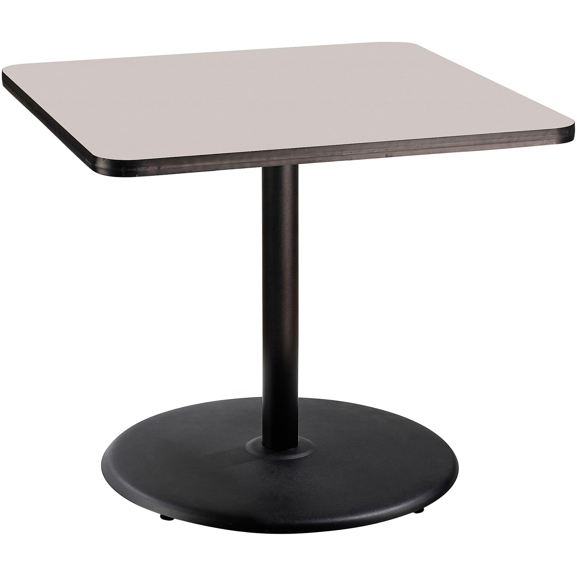 National Public Seating NPS 36" Square Cafe Table with Round Base, 30" Height, Particleboard Core/T-Mold, Grey Nebula Top, Black Frame