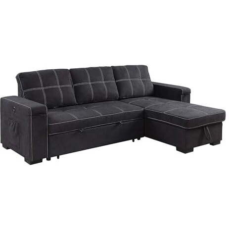 Lilola Home Toby Black Woven Fabric Reversible Sleeper Sectional Sofa with Storage Chaise Cup Holder USB/USB-C Ports and Pockets