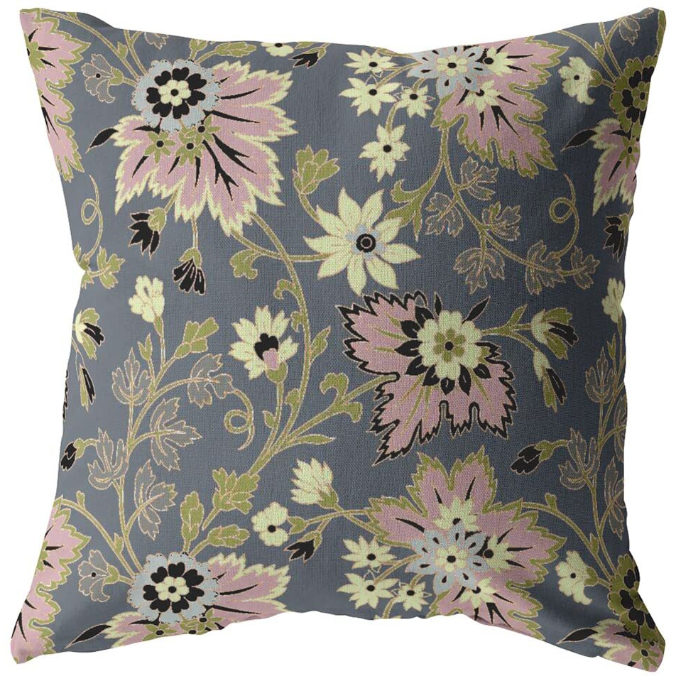Amrita Sen Friendly Flowers Broadcloth Indoor Outdoor Zippered Pillow Muted Pink and Gray