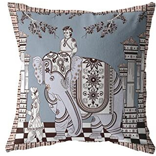 Amrita Sen Palace Elephant Broadcloth Indoor Outdoor Zippered Pillow Light Blue on Muted Brown