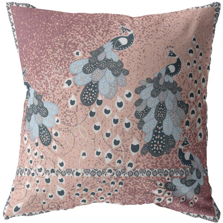 Amrita Sen Painted Peacock Double Sided Suede Pillow, Zippered, Blue on Muted Magenta