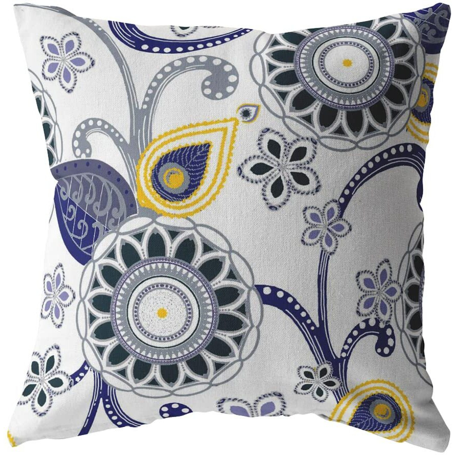 Amrita Sen Flower Circles Double Sided Suede Pillow, Zippered, Navy, Black, Yellow, Gray on White