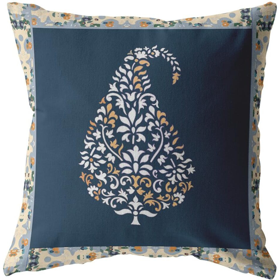 Amrita Sen Fall Leaf Double Sided Suede Pillow, Zippered, White and Orange on Navy