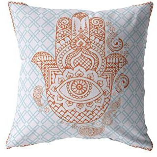 Amrita Sen Hamsa Double Sided Suede Pillow, Zippered, Orange on Blue