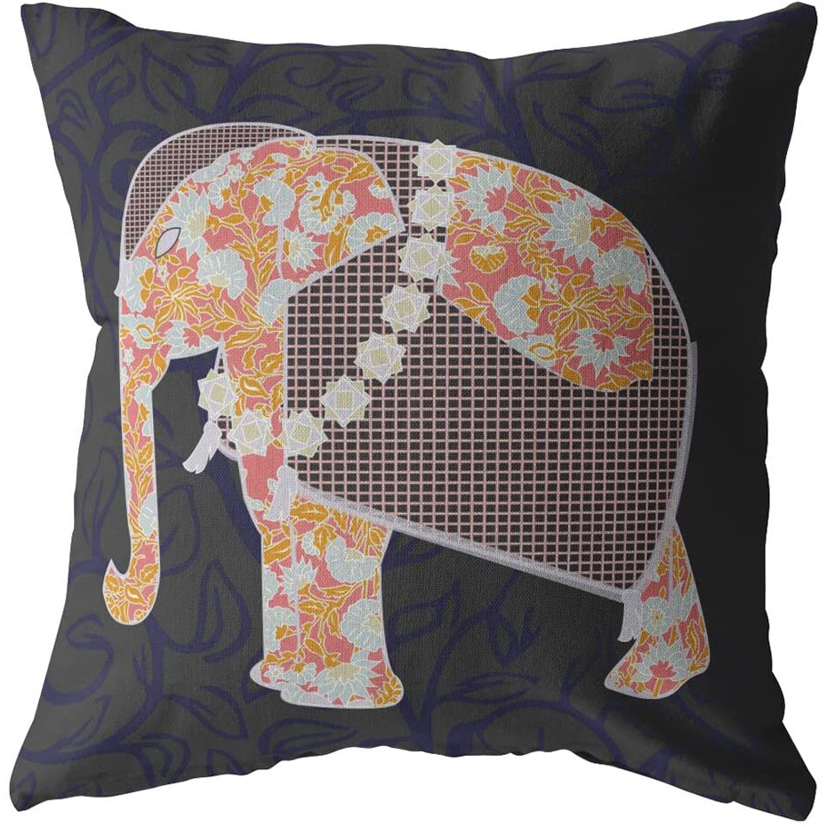 Amrita Sen Flower Elephant Double Sided Suede Pillow, Zippered, Orange on Green