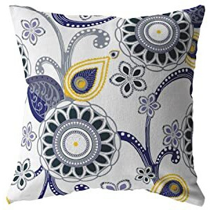 Amrita Sen Flower Circles Double Sided Suede Pillow, Zippered, Navy, Black, Yellow, Gray on White