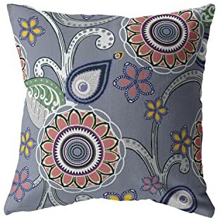 Amrita Sen Flower Circles Double Sided Suede Pillow, Zippered, Red, Orange, Blue, Green on Gray