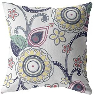 Amrita Sen Flower Circles Double Sided Suede Pillow, Zippered, Yellow, Green, Dark Blue on White