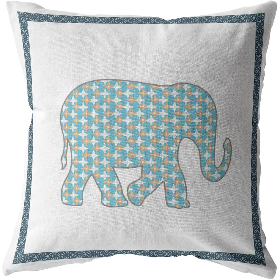 Amrita Sen Light Elephant Double Sided Suede Pillow, Zippered, Light Blue and Gold and White