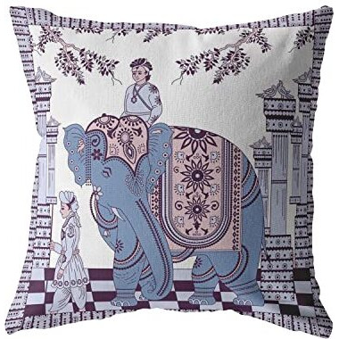 Amrita Sen Palace Elephant Double Sided Suede Pillow, Zippered, Blue on Purple