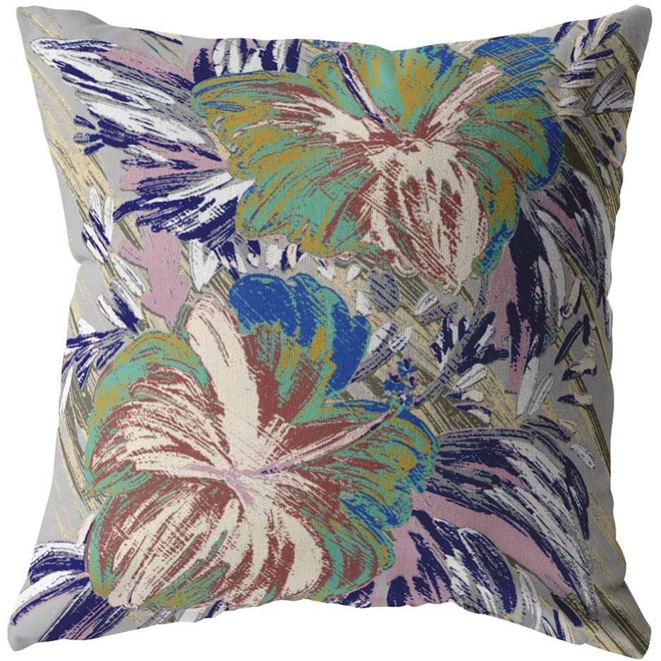 Amrita Sen Hawaiian Flowers Double Sided Suede Pillow, Zippered, Green on Muted Purple