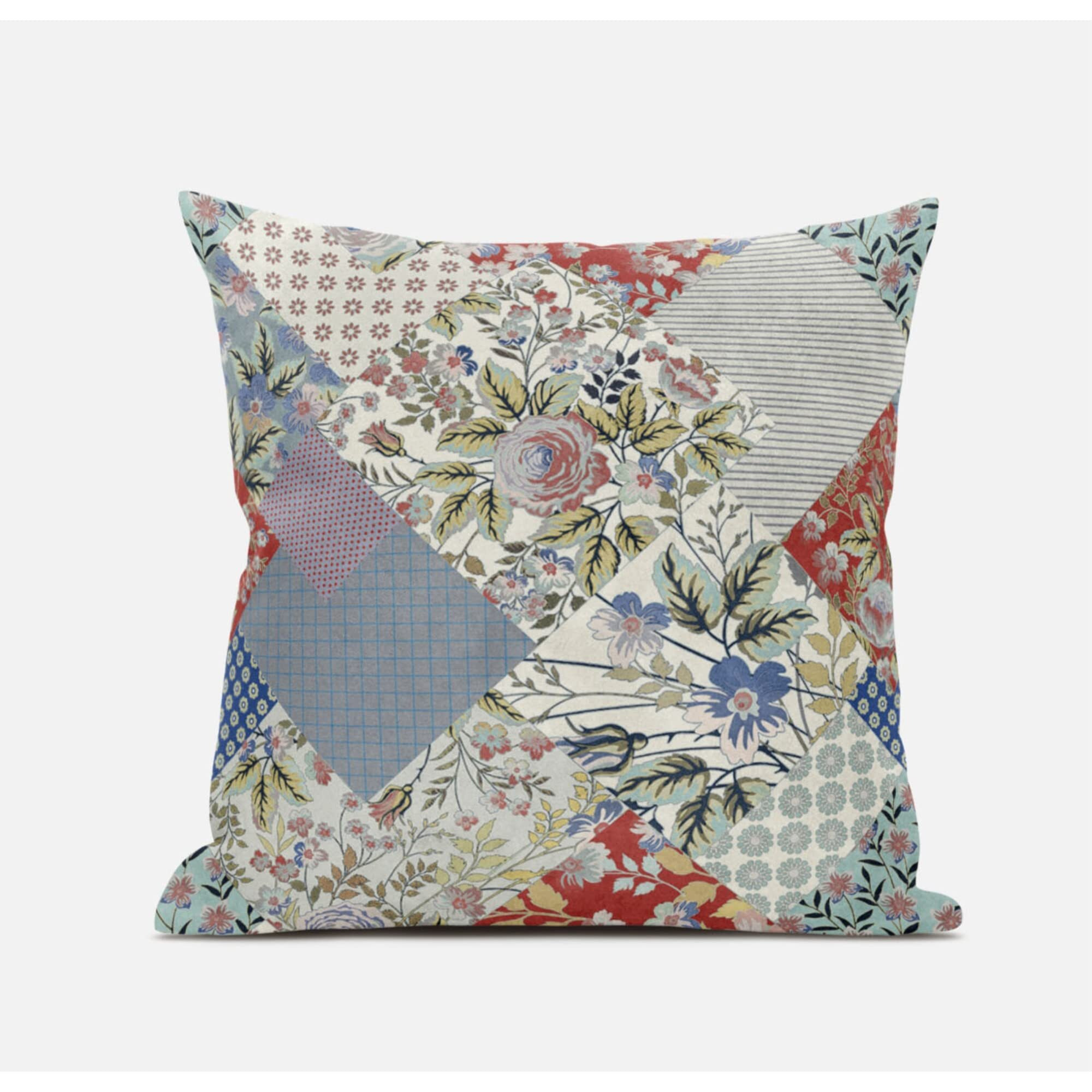 Amrita Sen Arizona Floral Patches Suede Blown and Closed Pillow in Brown Red