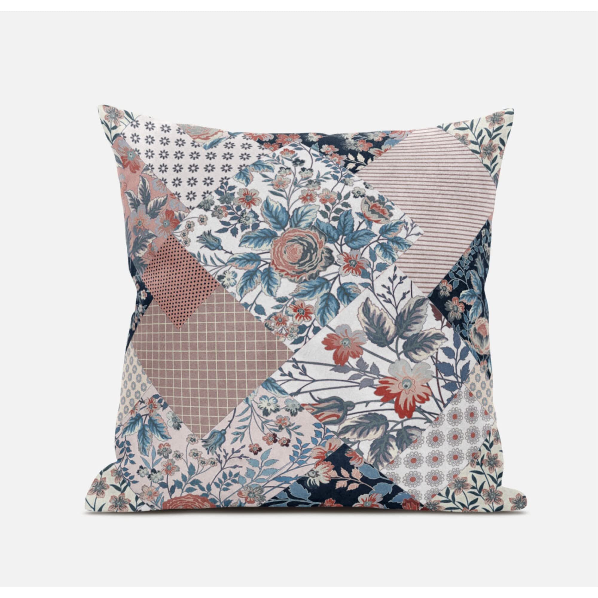 Amrita Sen Arizona Floral Patches Suede Blown and Closed Pillow in White Pink
