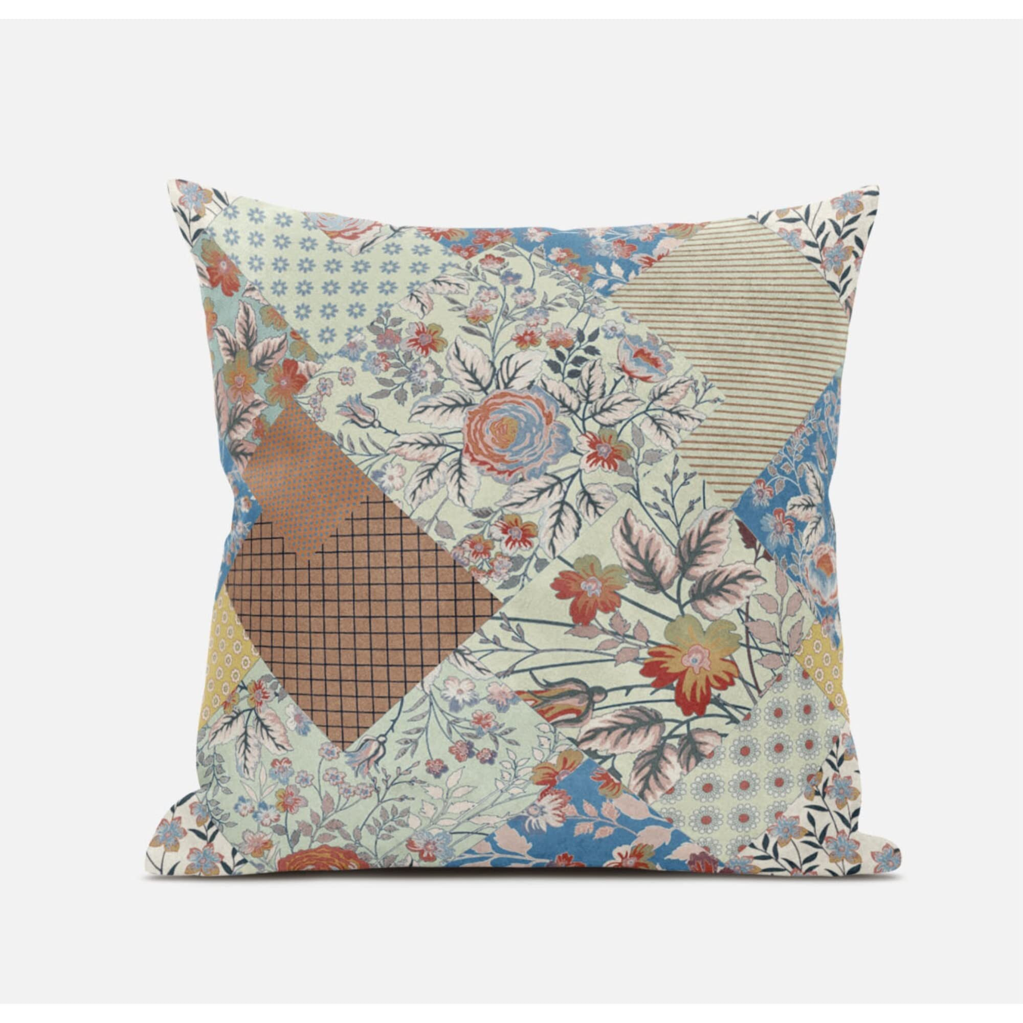 Amrita Sen Arizona Floral Patches Suede Blown and Closed Pillow in Orange Yellow