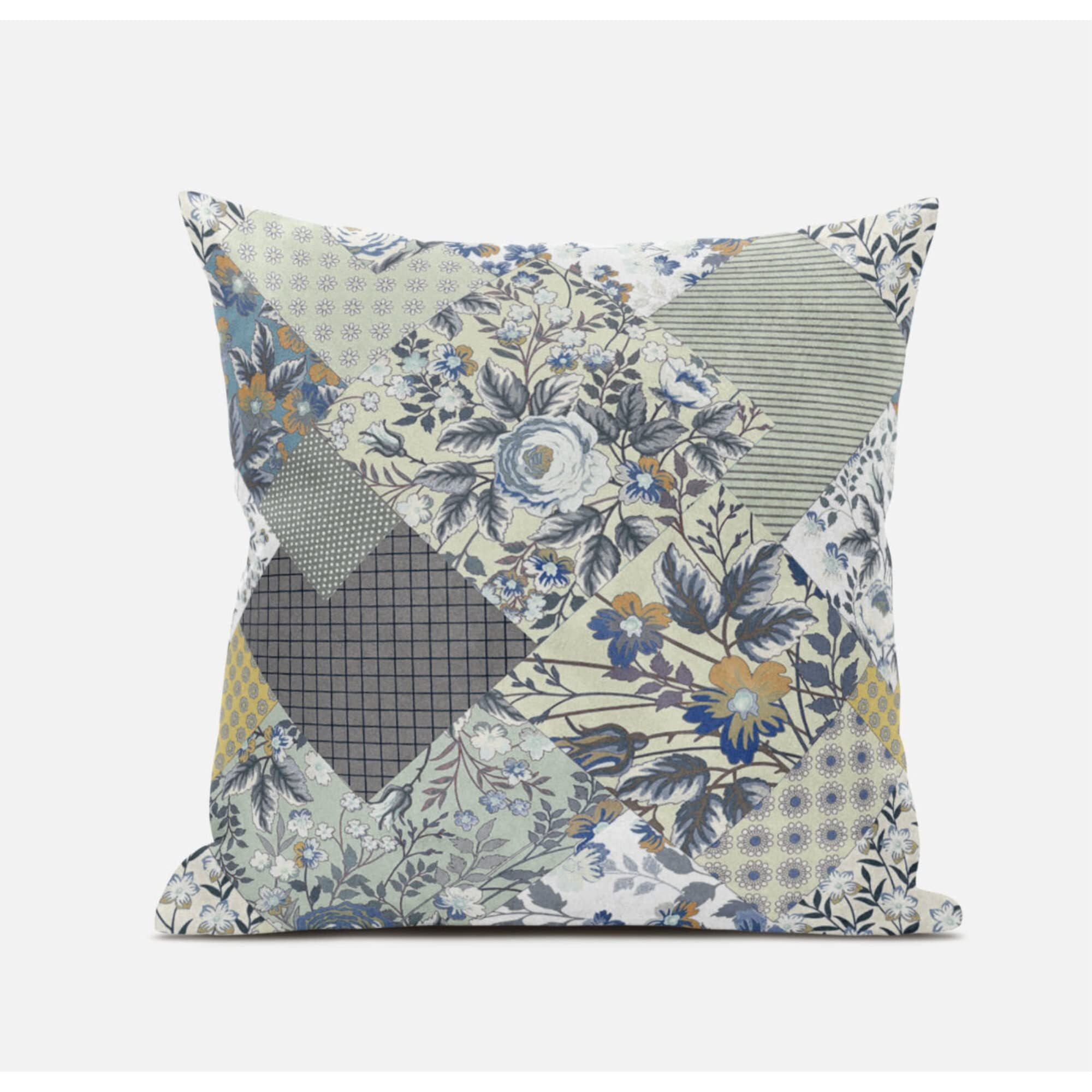 Amrita Sen Arizona Floral Patches Suede Blown and Closed Pillow in Navy Orange