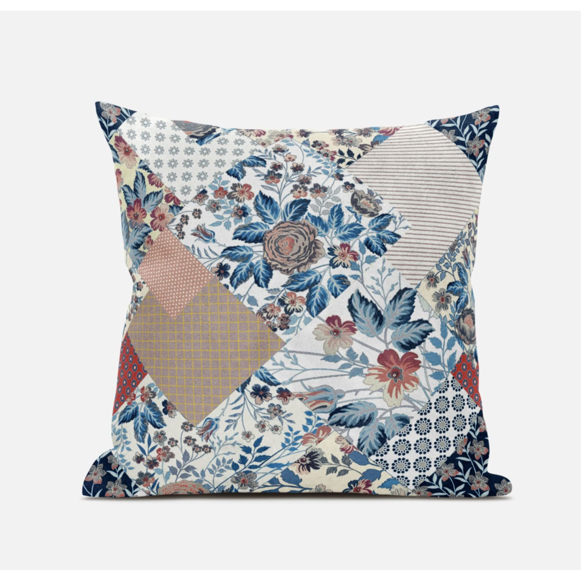 Amrita Sen Arizona Floral Patches Suede Blown and Closed Pillow in Cream Red Blue