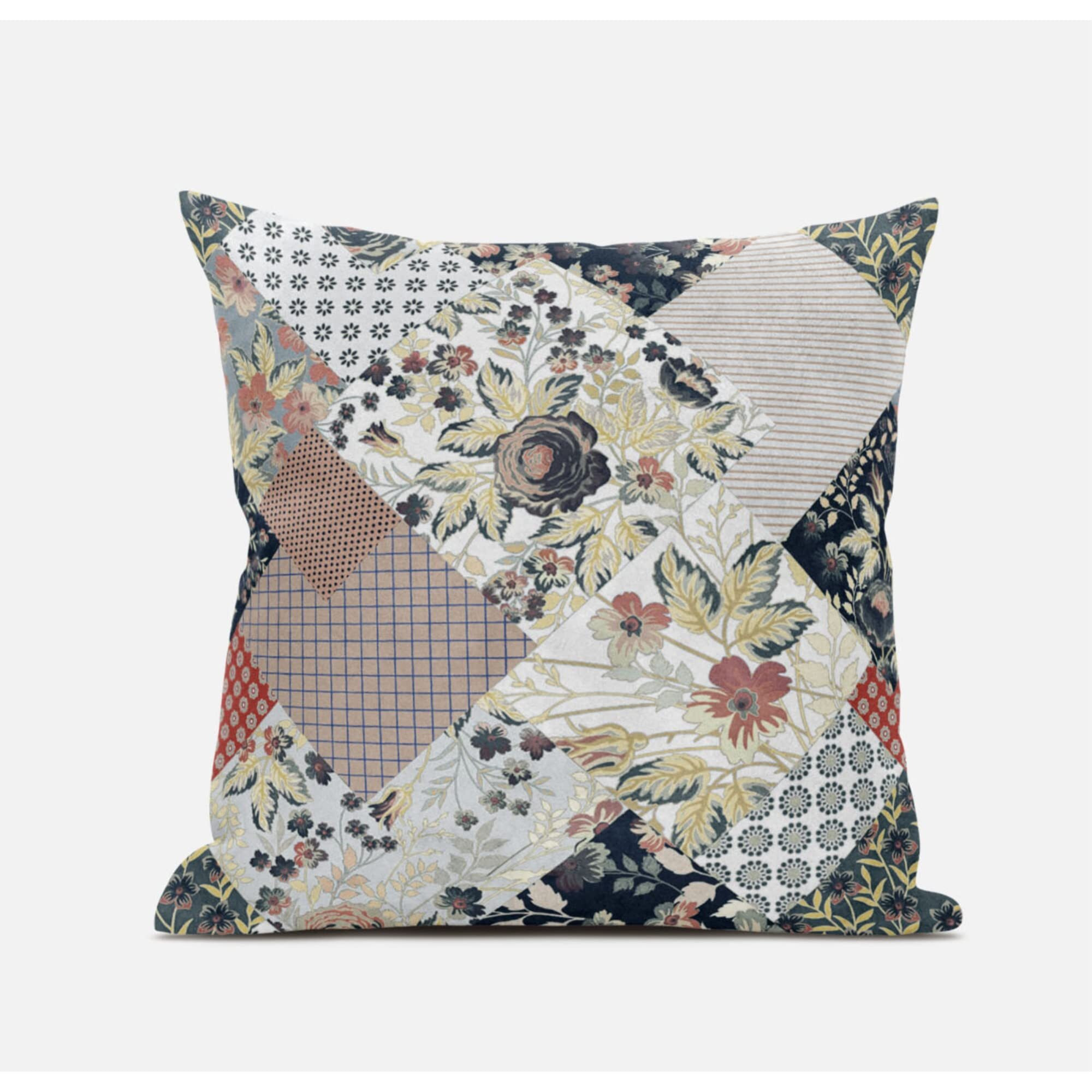 Amrita Sen Arizona Floral Patches Suede Blown and Closed Pillow in Peach