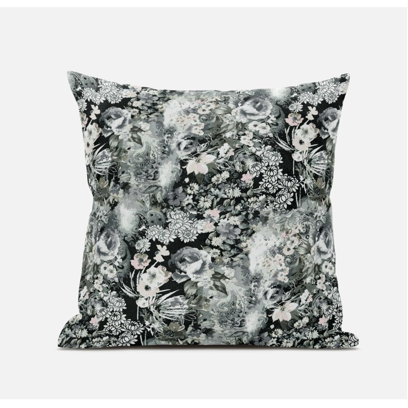 Amrita Sen Designs Sea Garden Rose Faux Suede Throw Fabric Pillow in Midnight Blue Gray 16x16