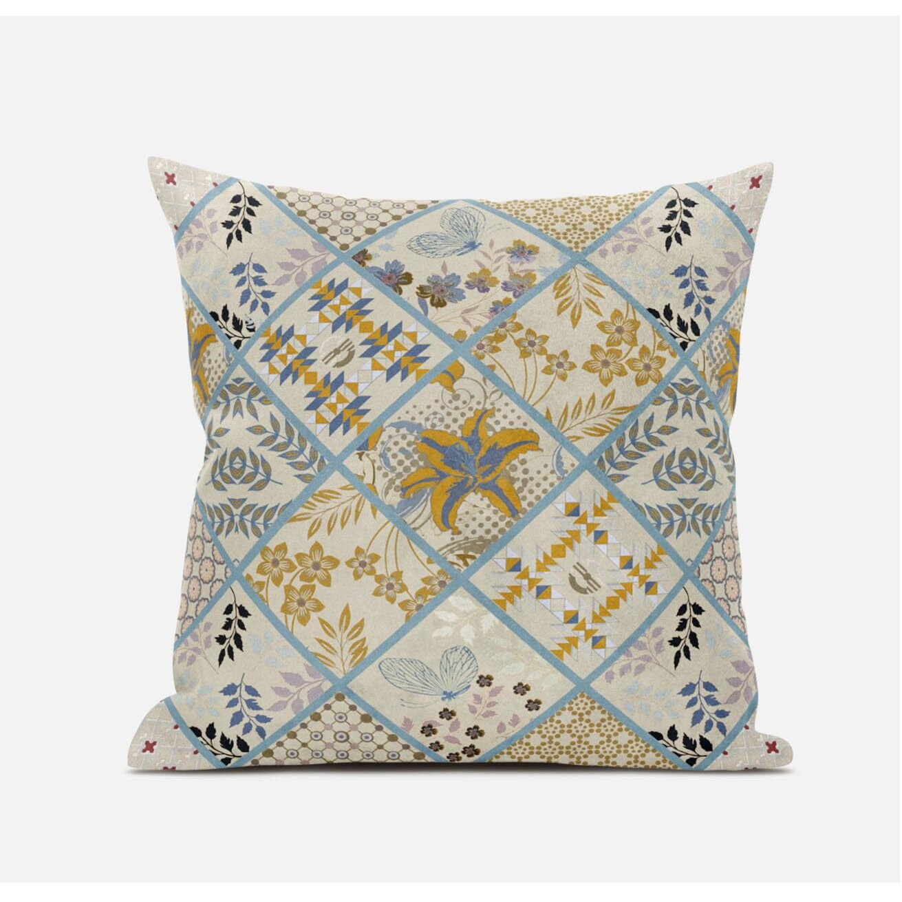 Amrita Sen Fall Patch Snowflowers Suede Blown and Closed Pillow in Gold Red White