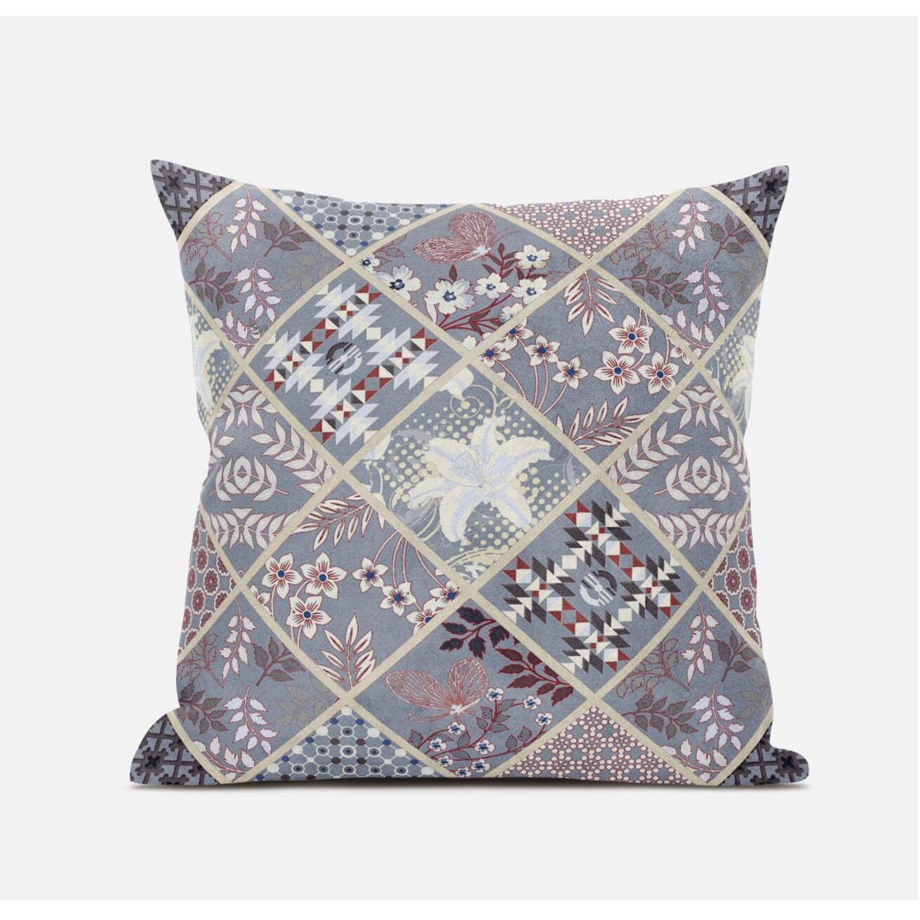 Amrita Sen Fall Patch Snowflowers Suede Blown and Closed Pillow in Grey Blue Navy