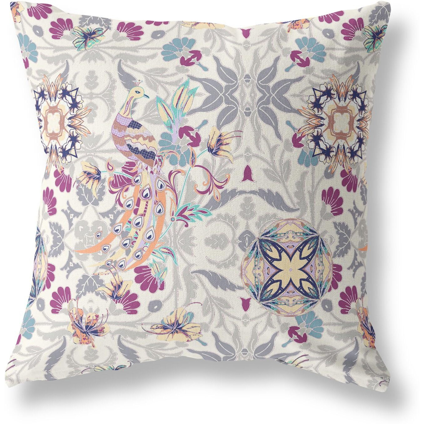 Amrita Sen Everest Peacock Broadcloth Indoor Outdoor Pillow, Zippered, OffWhiteGray