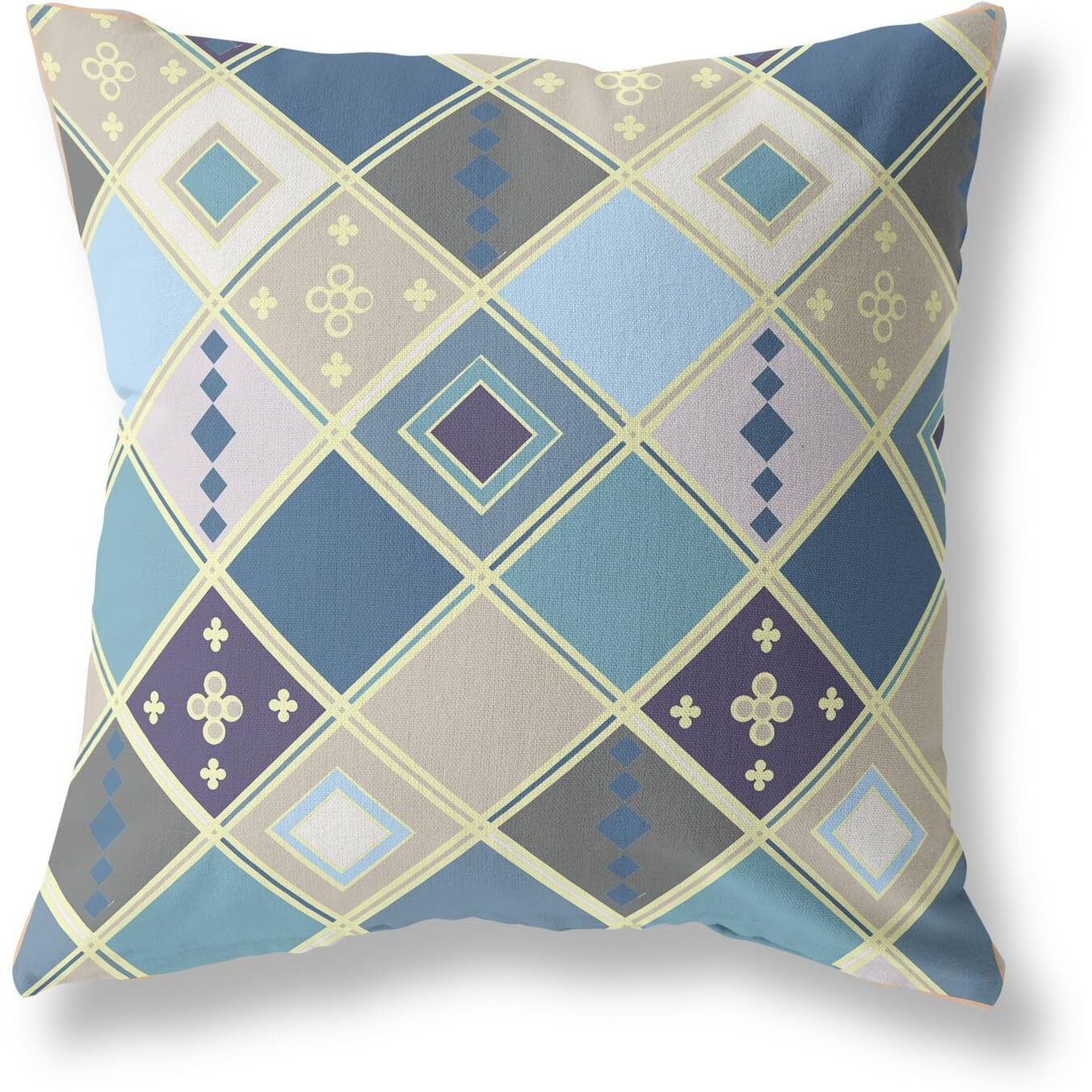 Amrita Sen Quilted Tile Diamonds Broadcloth Indoor Outdoor Double Sided Cushion, Zippered, Blue Gold