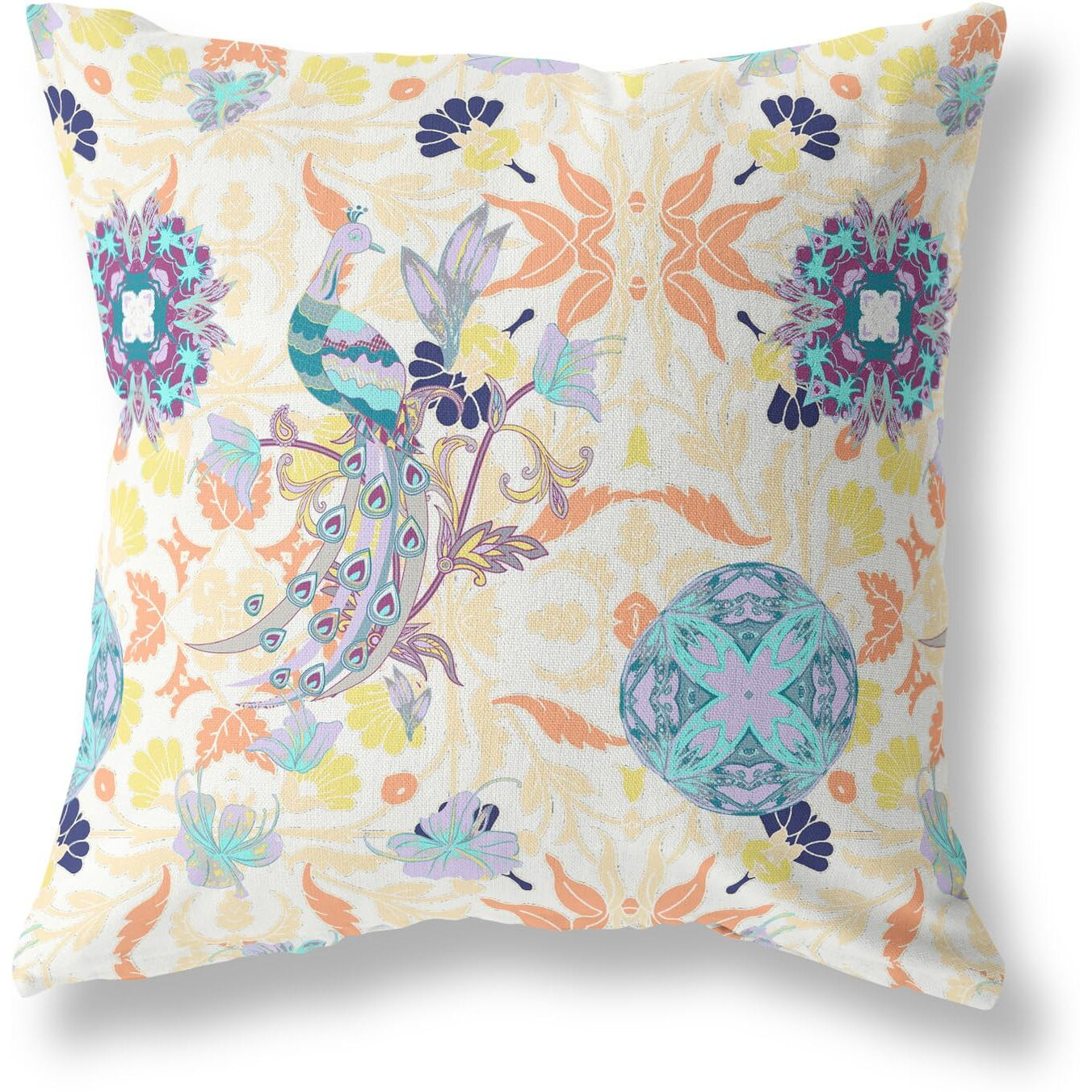 Amrita Sen Everest Peacock Broadcloth Indoor Outdoor Pillow, Zippered, OffWhiteOrange