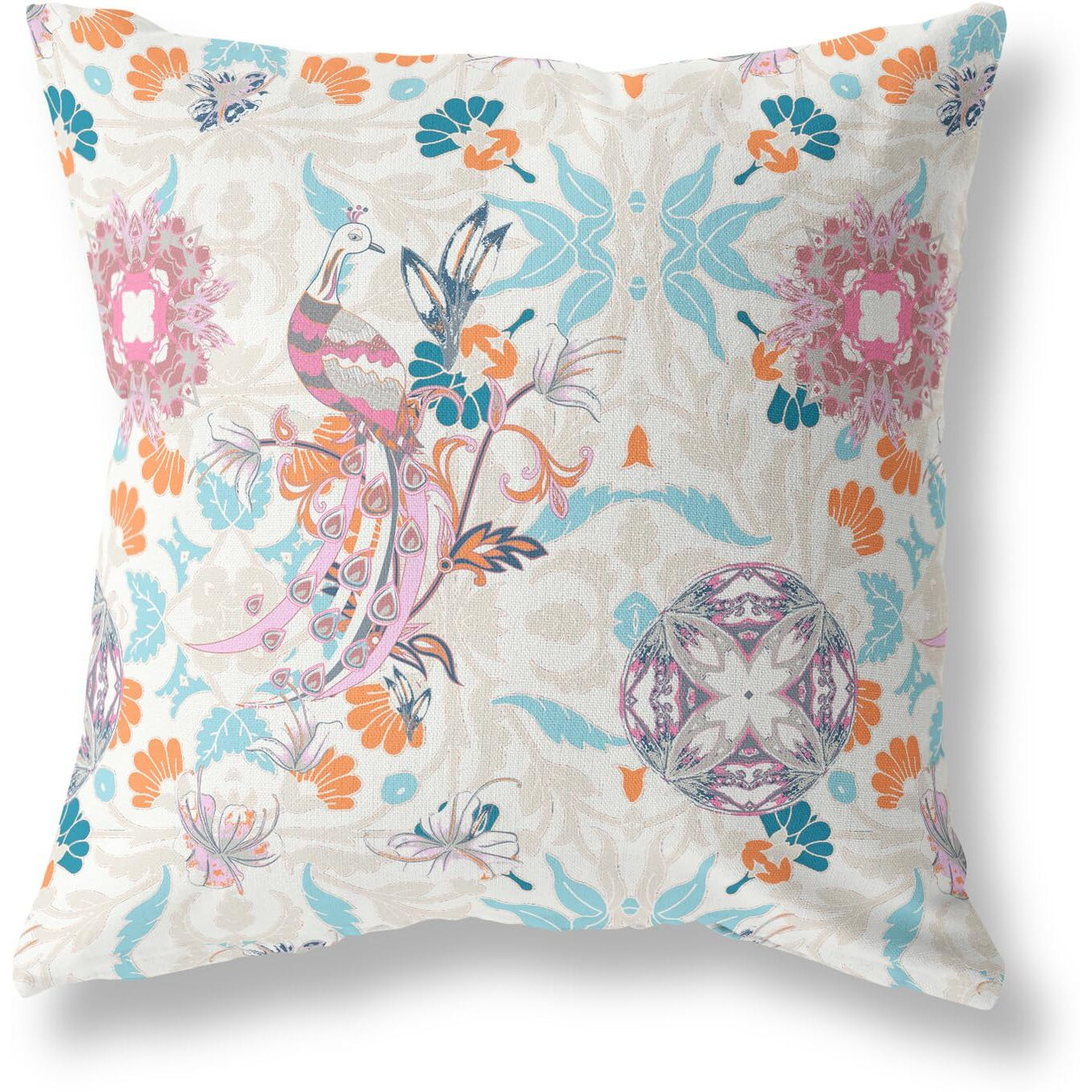 Amrita Sen Everest Peacock Broadcloth Indoor Outdoor Pillow, Zippered, OffWhiteSkyBlue