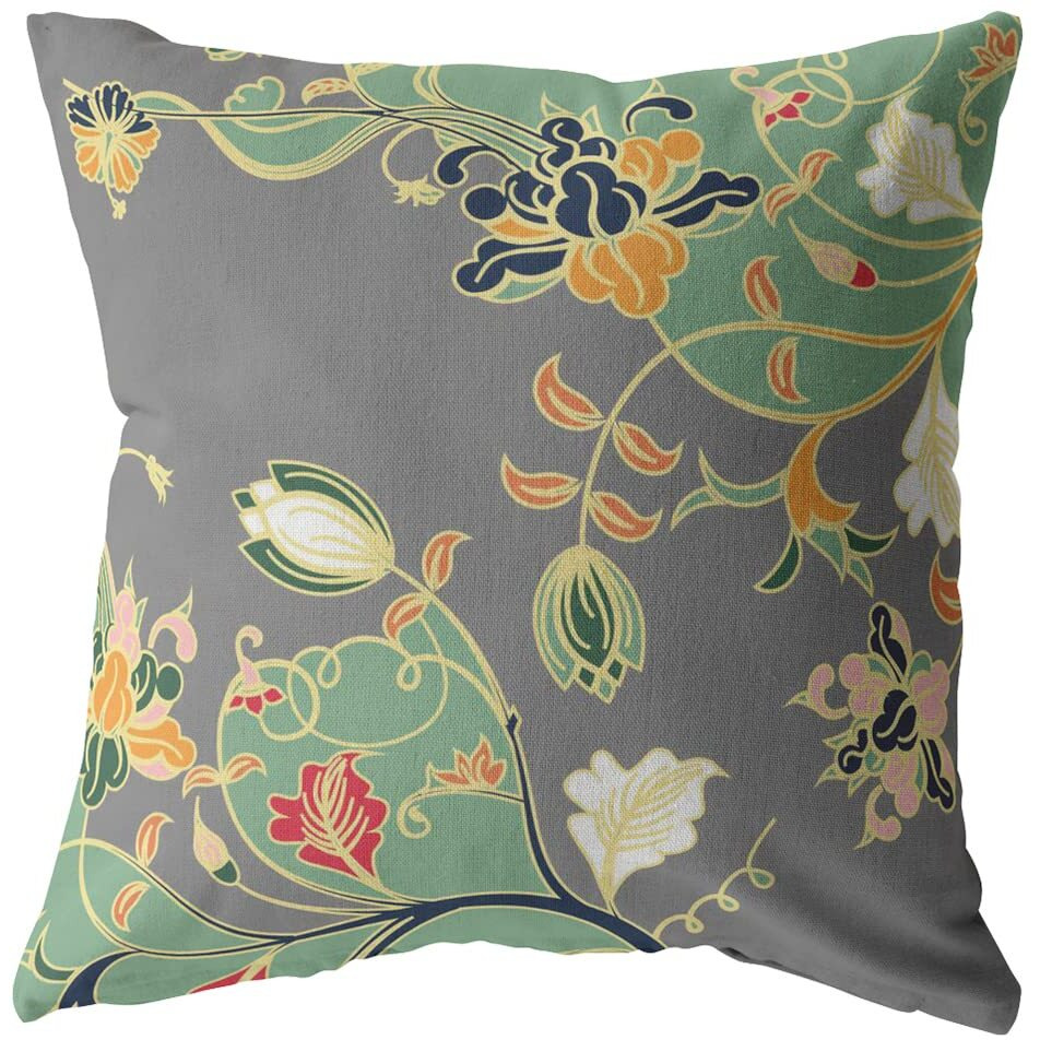 Amrita Sen Carnation Garden Double Sided Suede Pillow, Zippered, Orange Green on Gray