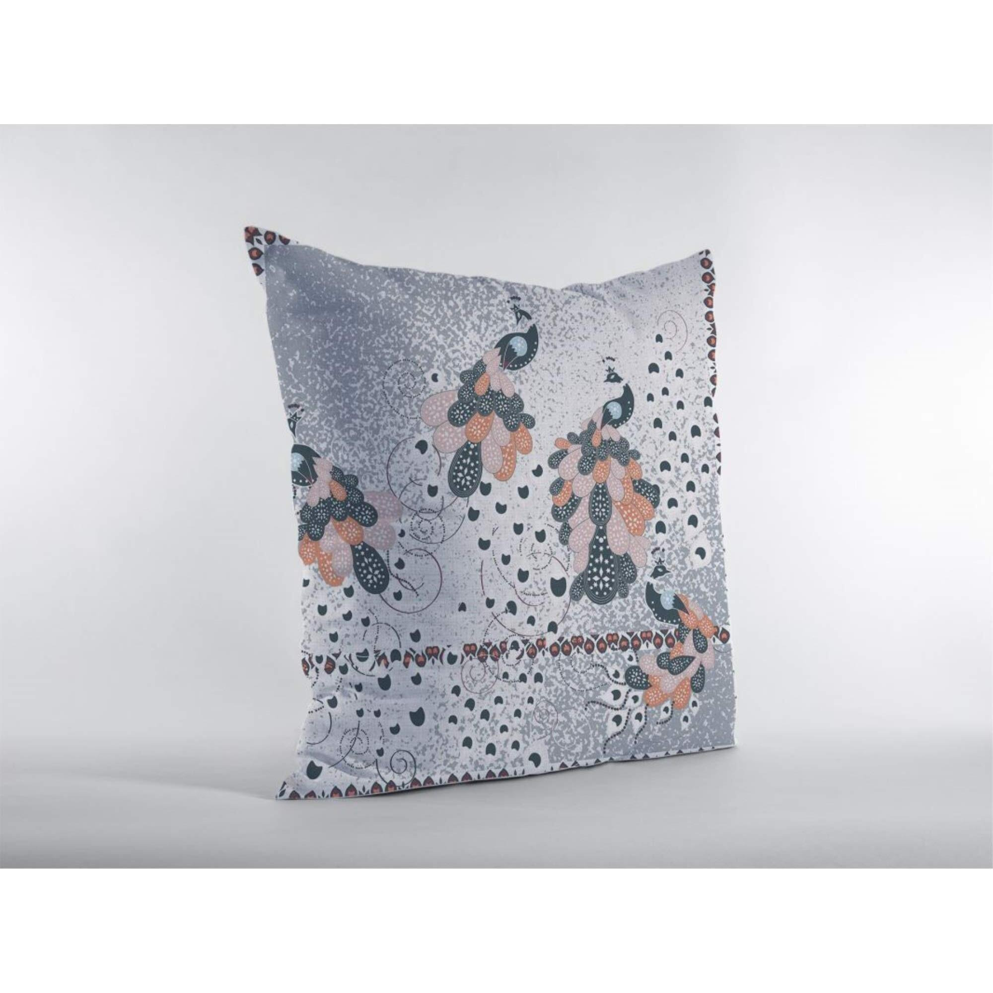 Amrita Sen Painted Peacock Double Sided Suede Pillow, Zippered, Gray on White