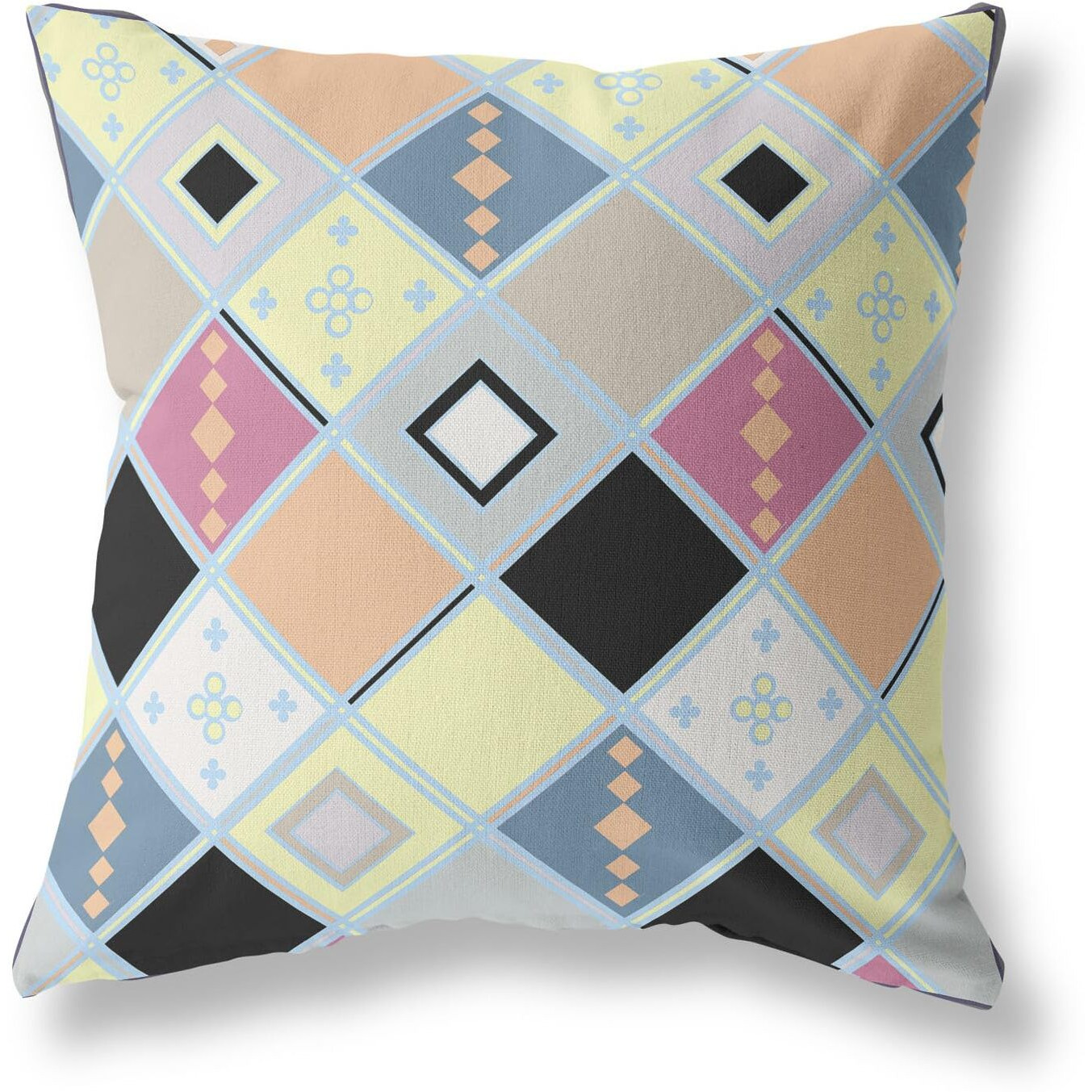 Amrita Sen Quilted Tile Diamonds Broadcloth Indoor Outdoor Double Sided Cushion, Zippered, Yellow Pink