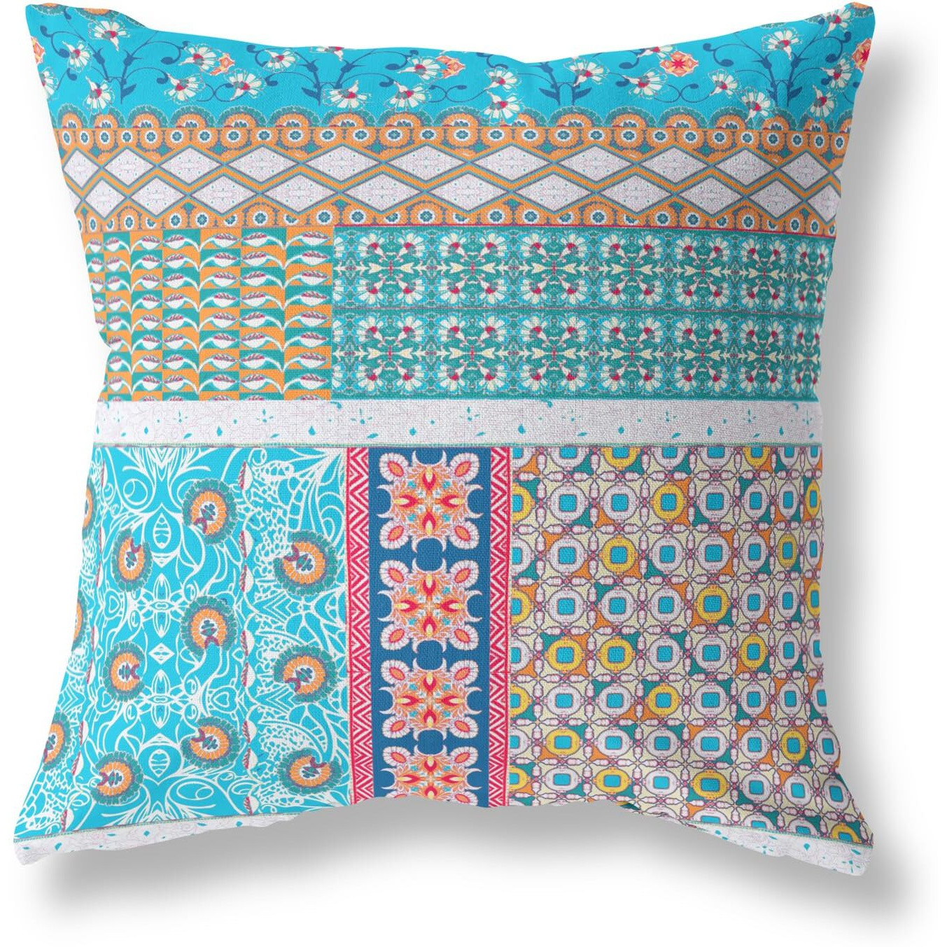 Amrita Sen Flower Castle Patchwork Broadcloth Indoor Outdoor Pillow, Zippered, TurqWhite