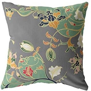 Amrita Sen Carnation Garden Double Sided Suede Pillow, Zippered, Orange Green on Gray