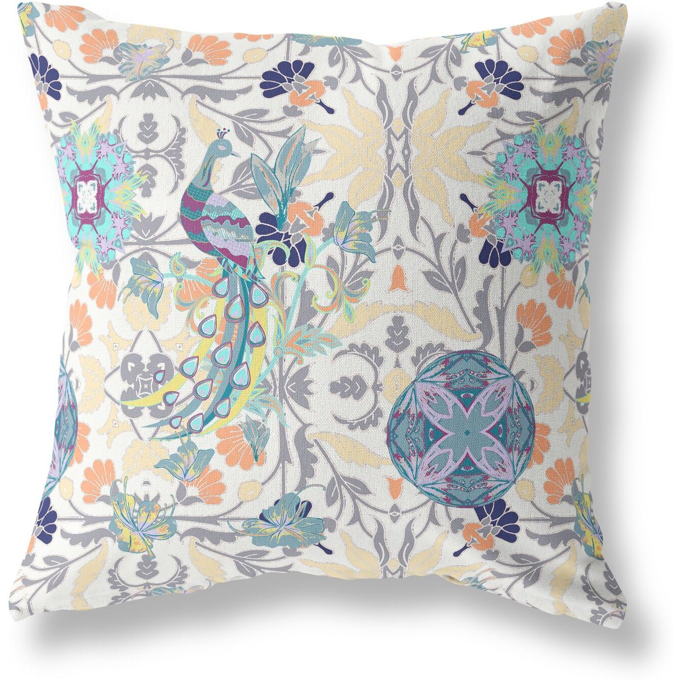 Amrita Sen Everest Peacock Broadcloth Indoor Outdoor Pillow, Zippered, OffWhiteGray