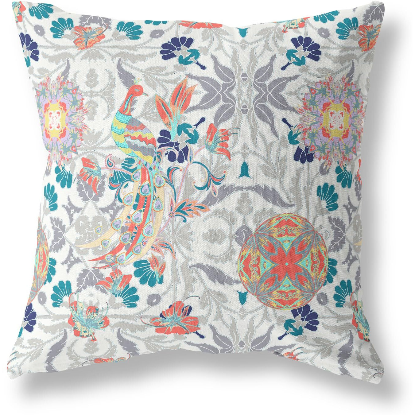 Amrita Sen Everest Peacock Broadcloth Indoor Outdoor Pillow, Zippered, WhiteOrange
