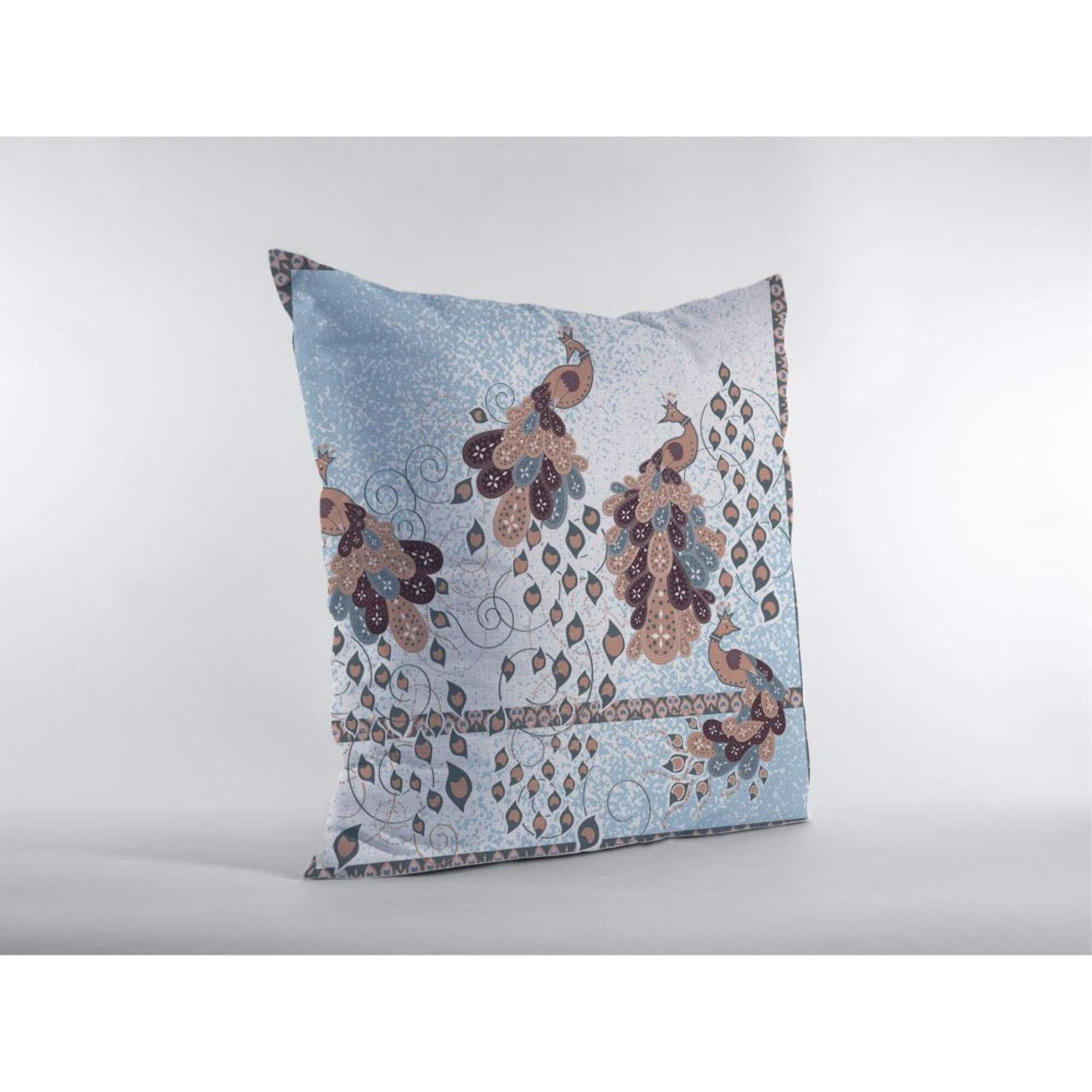 Amrita Sen Painted Peacock Double Sided Suede Pillow, Zippered, Brown on Blue