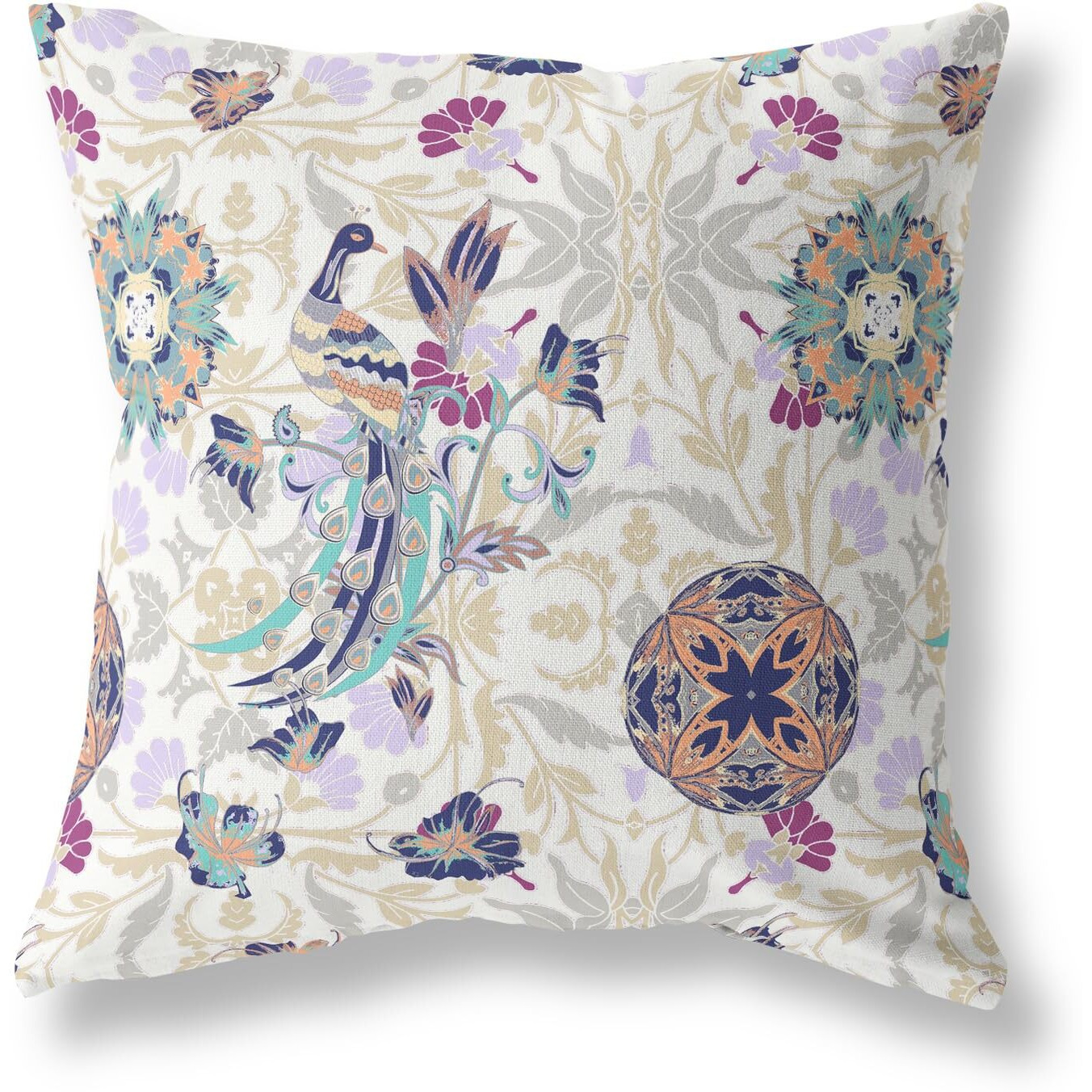 Amrita Sen Everest Peacock Broadcloth Indoor Outdoor Pillow, Zippered, WhitePurple