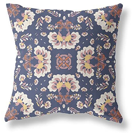 Amrita Sen Divine Flowers Suede Blown and Closed Pillow w/Insert in Blue and White