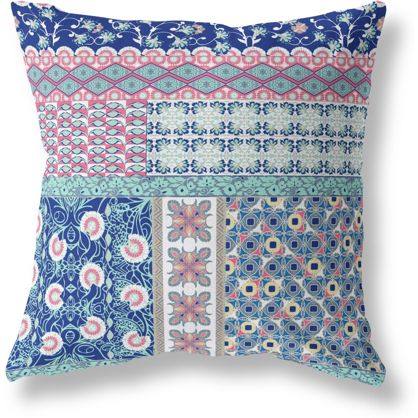 Amrita Sen Flower Castle Patchwork Suede Blown and Closed Pillow w/Insert in Blue and Pink