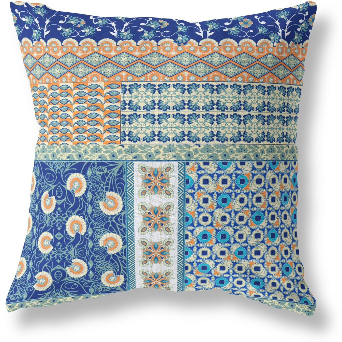 Amrita Sen Flower Castle Patchwork Suede Blown and Closed Pillow w/Insert in Navy and Orange
