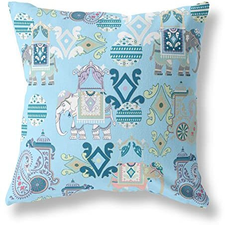 Amrita Sen Elephant Howdah Suede Blown and Closed Pillow w/Insert in Sky Blue and White