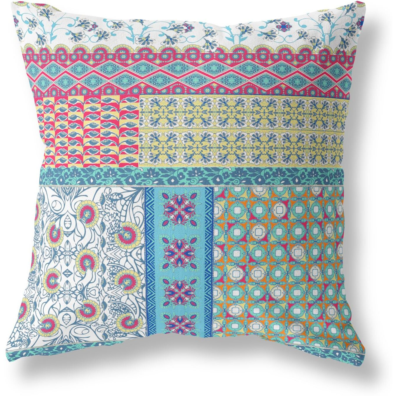 Amrita Sen Flower Castle Patchwork Suede Blown and Closed Pillow w/Insert in Yellow and Pink
