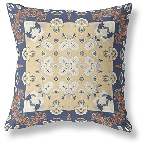 Amrita Sen Rose Box Suede Blown and Closed Pillow w/Insert in Blue Yellow