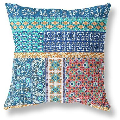 Amrita Sen Flower Castle Patchwork Suede Blown and Closed Pillow w/Insert in Blue and Orange