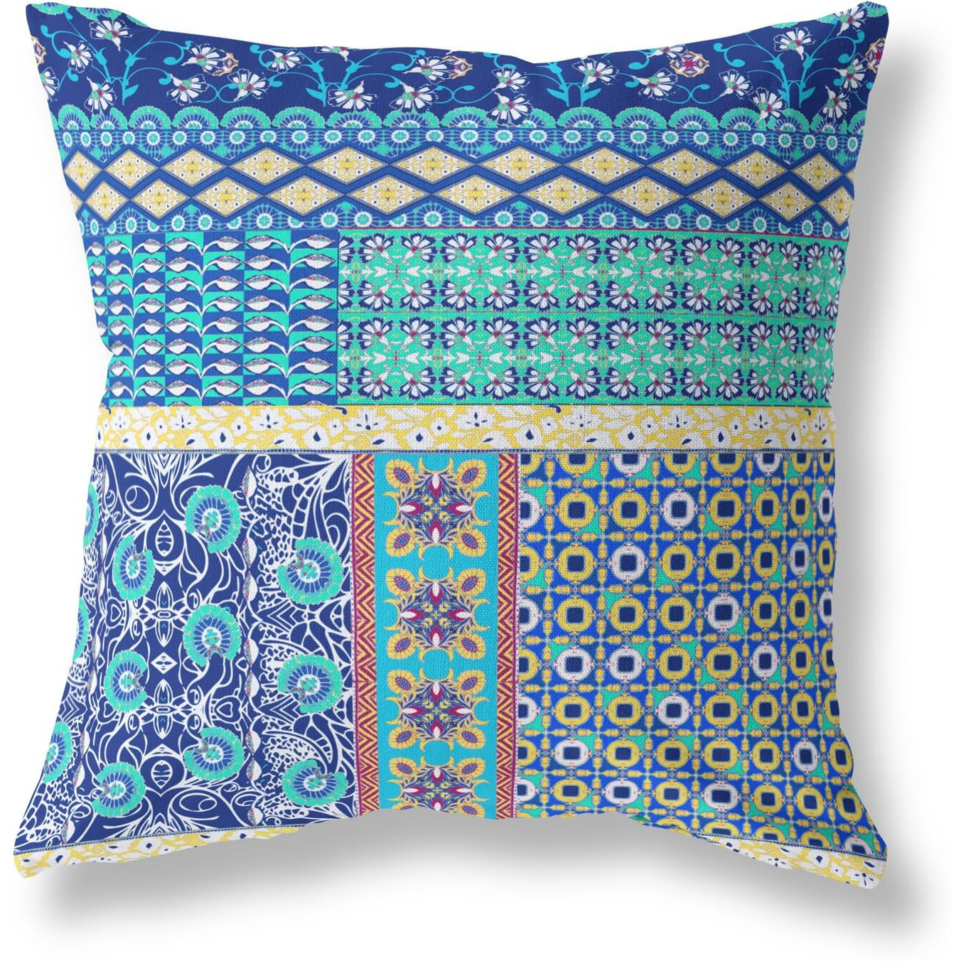 Amrita Sen Flower Castle Patchwork Suede Blown and Closed Pillow w/Insert in Navy and Yellow