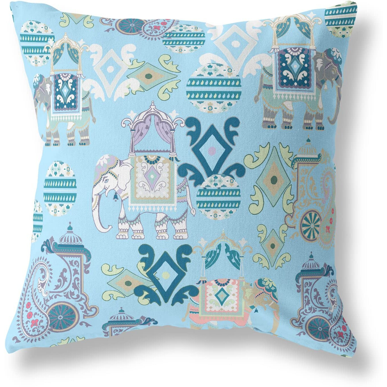 Amrita Sen Elephant Howdah Suede Blown and Closed Pillow w/Insert in Sky Blue and White
