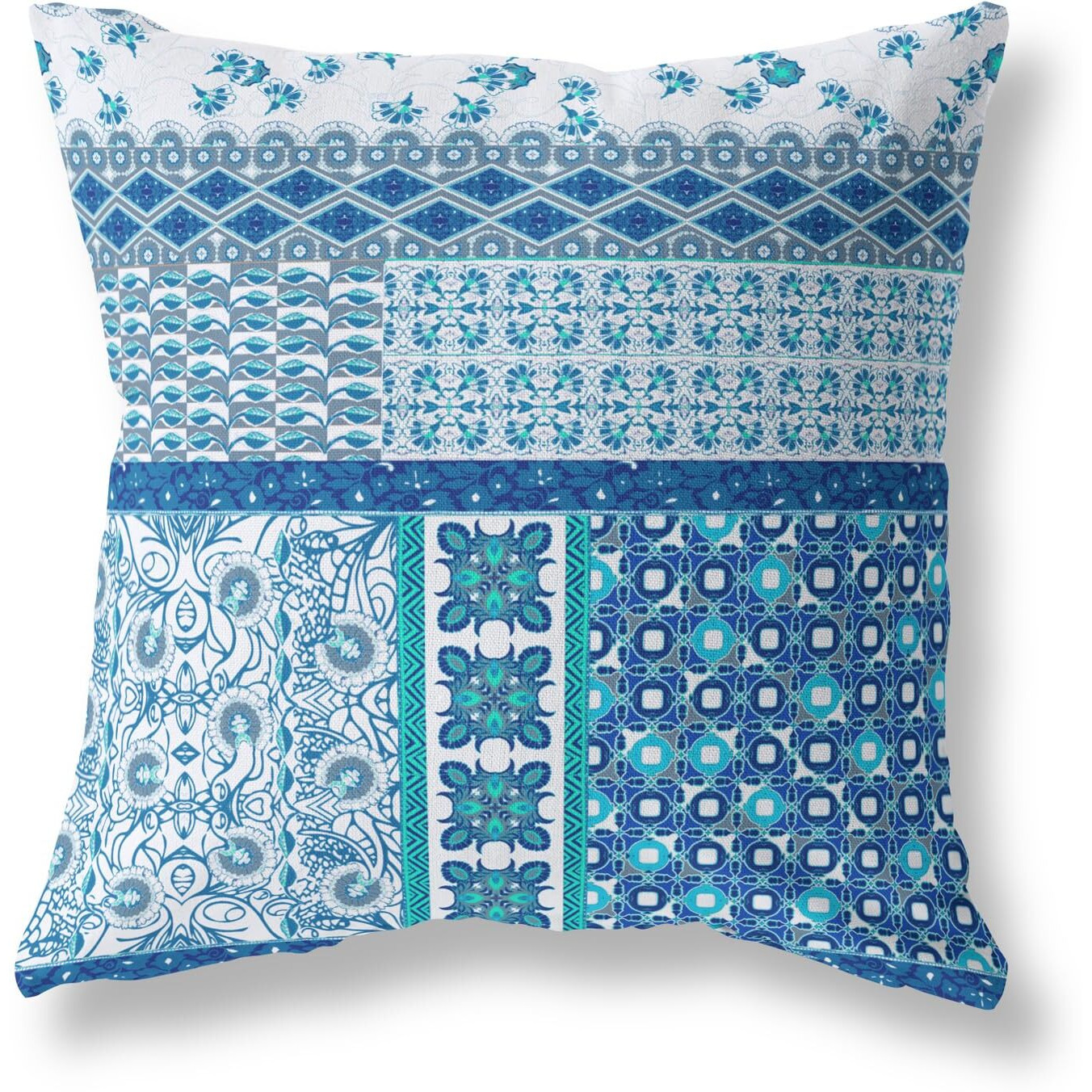 Amrita Sen Flower Castle Patchwork Suede Blown and Closed Pillow w/Insert in Blue and White