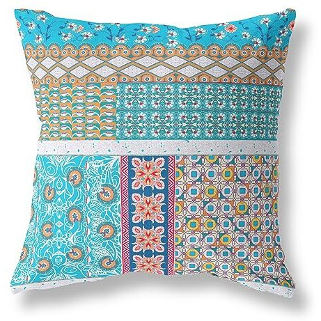 Amrita Sen Flower Castle Patchwork Suede Blown and Closed Pillow w/Insert in Turquoise and White