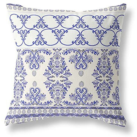 Amrita Sen Nandini Flowers Suede Blown and Closed Pillow w/Insert in White and Blue