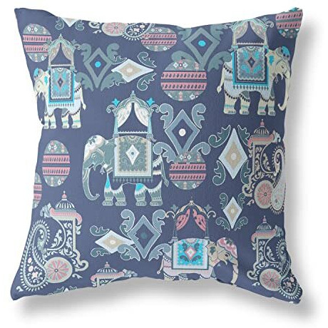 Amrita Sen Elephant Howdah Suede Blown and Closed Pillow w/Insert in Blue and Gray